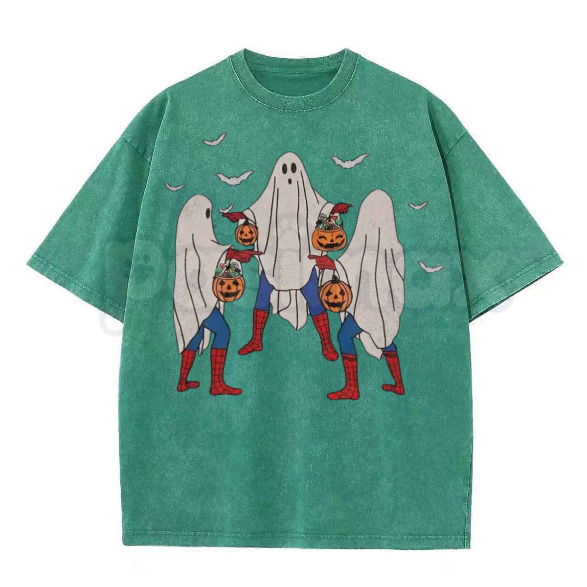 Vintage Wash Spooky Spiderman Ghost Costume Halloween Graphic Tee – Retro Superhero Spooky Season Shirt, Acid Wash Lightweight Cotton Unisex Top-Pasimax