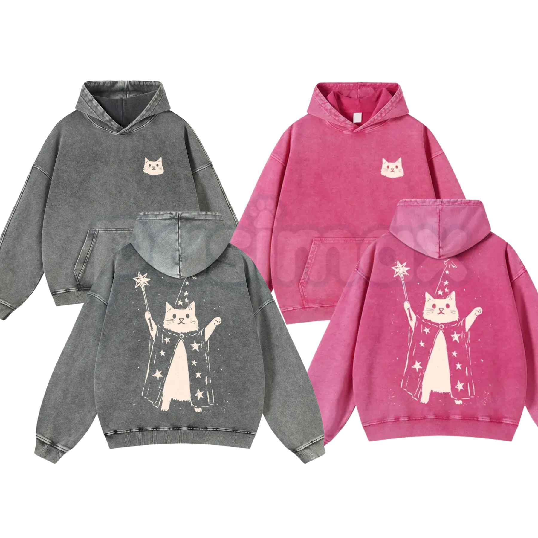 Vintage Washed Cotton Blend Wizard Cat Hoodie – Longsleeve Graphic Pullover, Pre-Shrunken Aesthetic Streetwear-Pasimax