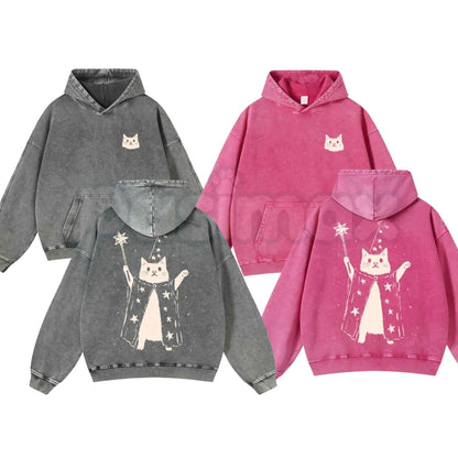 Vintage Washed Cotton Blend Wizard Cat Hoodie – Longsleeve Graphic Pullover, Pre-Shrunken Aesthetic Streetwear-Pasimax