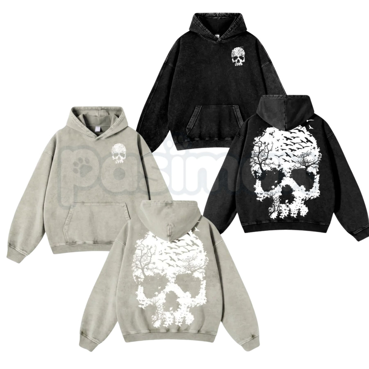 Vintage Washed Skull Print Oversized Hoodie – Distressed Skeleton Graphic Pullover, Minimal Dark Aesthetic Streetwear-Pasimax