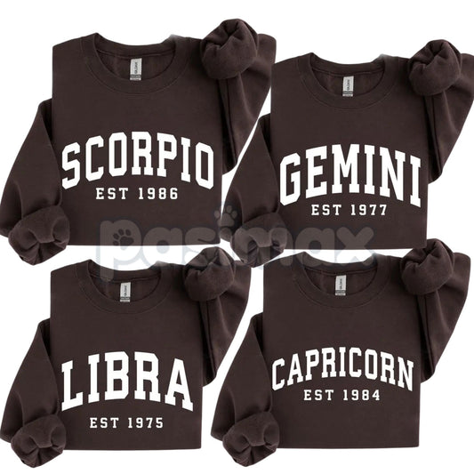 Vintage Zodiac Constellation Sweatshirt – Personalized Astrology Est. [Year] Apparel-Pasimax