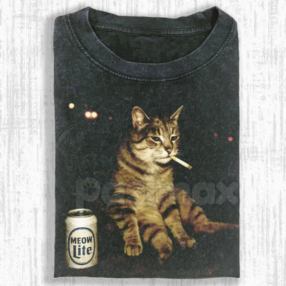 Wacky Cat Printed Design Unisex Oversized T-Shirt – Vintage Washed Graphic Crew Neck Tee-Pasimax