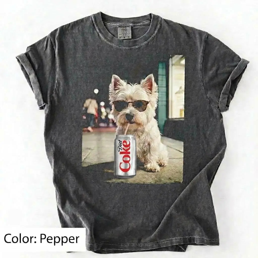 Comfort Colors® Dog Breeds Drinking Diet Coke T-Shirt – Funny Dog Dad Soda Lover Graphic Tee, Aesthetic Retro Puppy Animal Meme Shirt, Cute Pet Gift