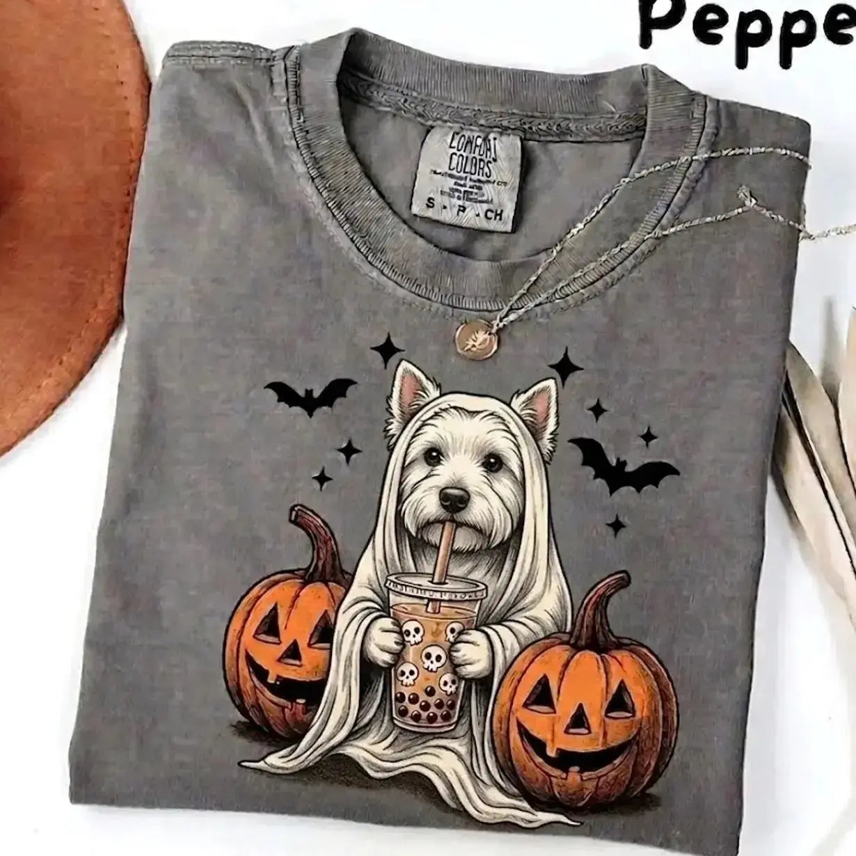 Comfort Colors® Pepper Dog Ghost & Boba Tea Halloween T-Shirt – Custom Dog Breeds Spooky Season Graphic Tee, Vintage Pet Lover Unisex Top