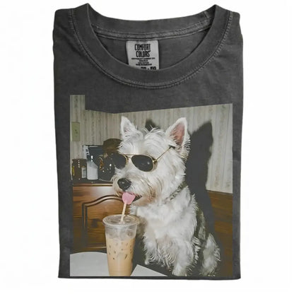 Comfort Colors® Custom Dog Breeds Drinking Iced Coffee T-Shirt – Vintage 90s Funny Edgy Dog Meme Tee, Aesthetic Coffee Lover Dog Mom Gift Shirt