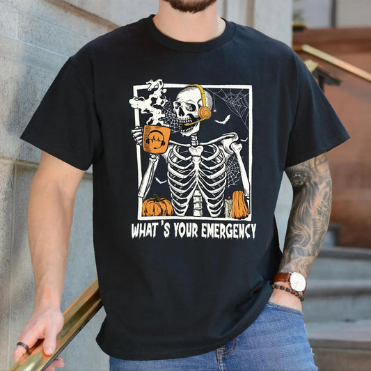 "What's Your Emergency" 911 Dispatcher T-Shirt - Funny Skeleton Halloween Crewneck, Emergency Services Gift-Pasimax