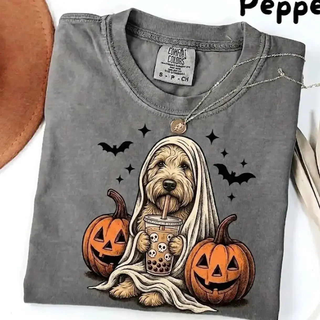 Comfort Colors® Pepper Dog Ghost & Boba Tea Halloween T-Shirt – Custom Dog Breeds Spooky Season Graphic Tee, Vintage Pet Lover Unisex Top