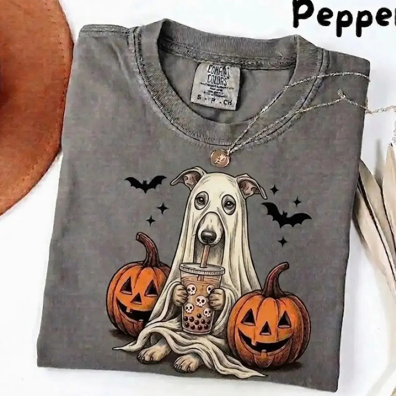 Comfort Colors® Pepper Dog Ghost & Boba Tea Halloween T-Shirt – Custom Dog Breeds Spooky Season Graphic Tee, Vintage Pet Lover Unisex Top