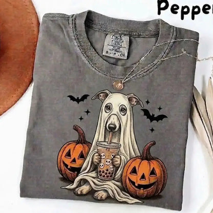 Comfort Colors® Pepper Dog Ghost & Boba Tea Halloween T-Shirt – Custom Dog Breeds Spooky Season Graphic Tee, Vintage Pet Lover Unisex Top