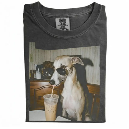 Comfort Colors® Custom Dog Breeds Drinking Iced Coffee T-Shirt – Vintage 90s Funny Edgy Dog Meme Tee, Aesthetic Coffee Lover Dog Mom Gift Shirt