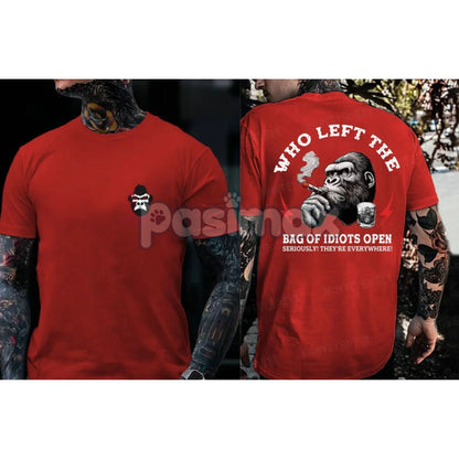 "Who Left The Bag Of Idiots Open" Funny T-Shirt - Monkey Graphic Tee, Sarcastic Menswear Top-Pasimax