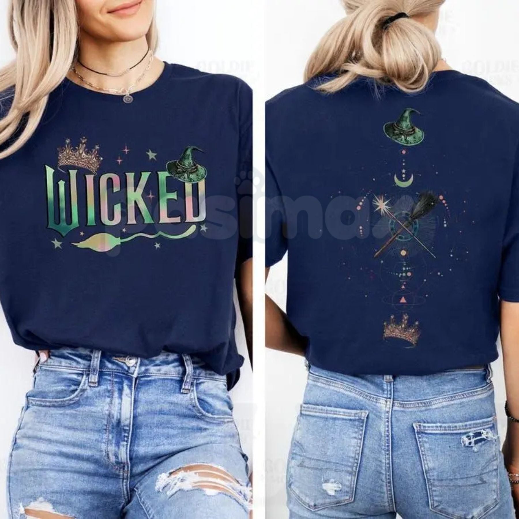 Wicked Musical "Defy Gravity" Two-Sided T-Shirt - Broadway Fan Apparel, Elphaba Glinda Graphic Tee, Broomstick & Wand Top-Pasimax