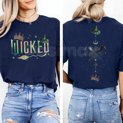 Wicked Musical "Defy Gravity" Two-Sided T-Shirt - Broadway Fan Apparel, Elphaba Glinda Graphic Tee, Broomstick & Wand Top-Pasimax