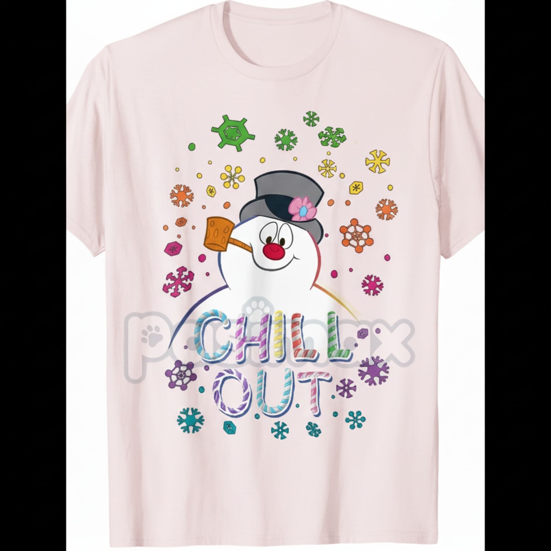 Women's Black Frosty The Snowman T-Shirt - Chill Out Portrait Graphic Tee, Funny Holiday Winter Apparel, Short Sleeve Christmas Top-Pasimax