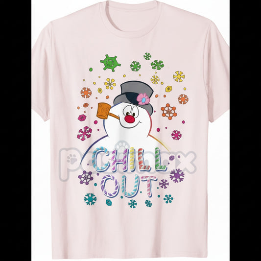 Women's Black Frosty The Snowman T-Shirt - Chill Out Portrait Graphic Tee, Funny Holiday Winter Apparel, Short Sleeve Christmas Top-Pasimax