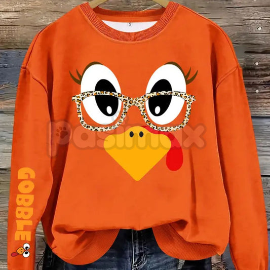 Women's Casual Thanksgiving Turkey Print Pullover Sweater – Cozy Holiday Crewneck-Pasimax