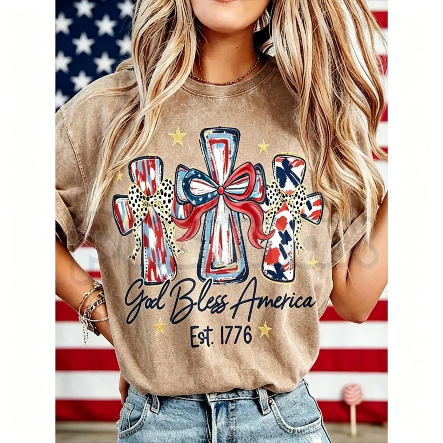 Women's God Bless America T-Shirt – Retro Patriotic 4th of July Graphic Tee, Vintage Washed Lightweight Cotton USA Country Pride Top-Pasimax