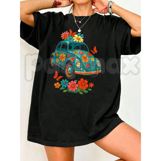 Women's Turquoise Floral Graphic T-Shirt – Aesthetic Botanical Short Sleeve Tee, Premium 100% Cotton Boho Flower Top, Soft Lived-In Heavyweight Southwest Style Shirt, Made in USA-Pasimax