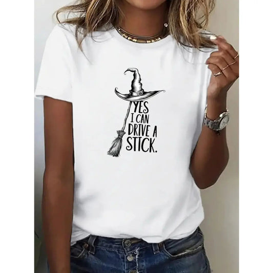 "Yes I Can Drive a Stick" Witch T-Shirt - Funny Halloween Graphic Tee, Women's All-Season Apparel-Pasimax