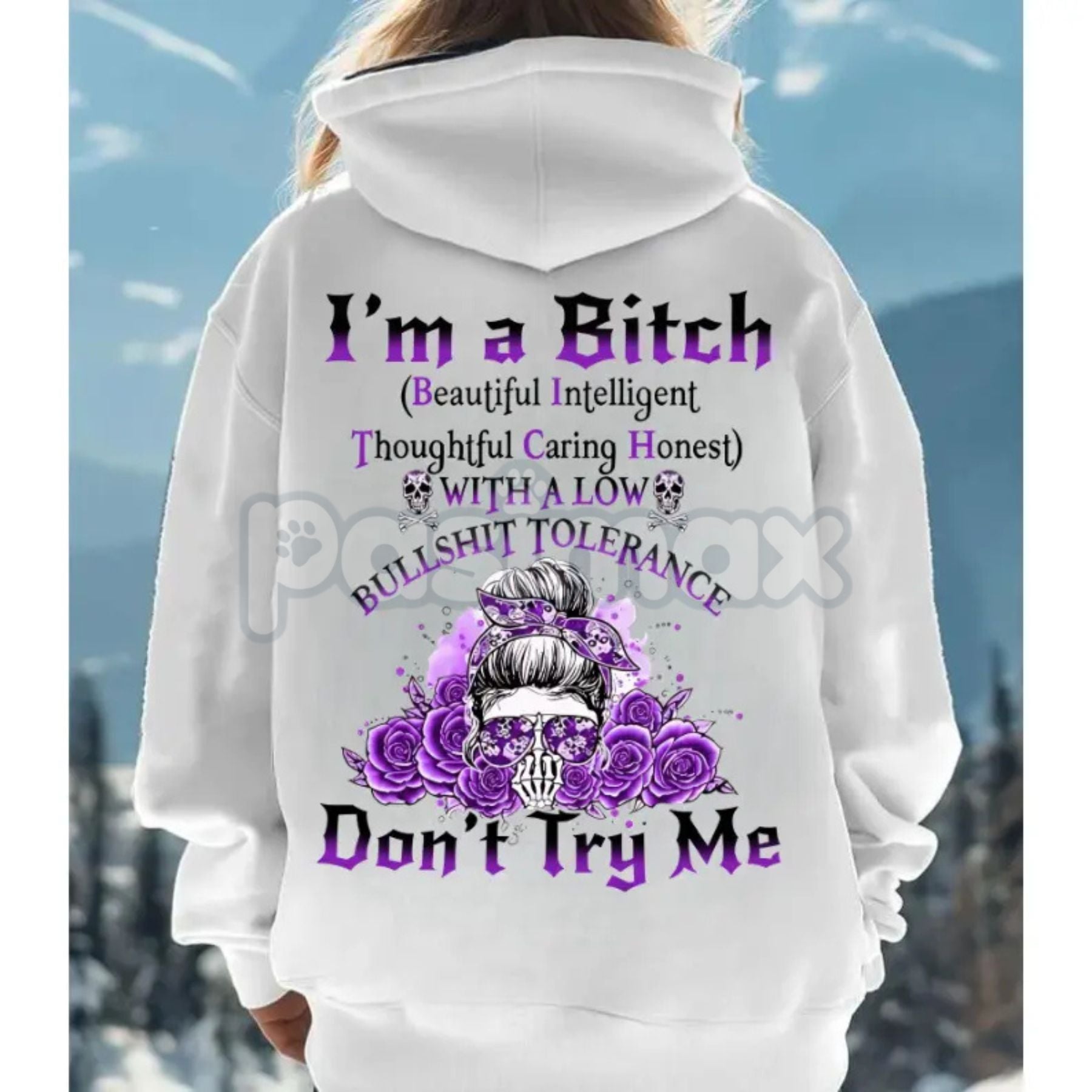 "Yes I’m a B Flower Skull" All Over Print Hoodie – "Don't Try Me I'm The B*tch" Gen X Statement Pullover, Unisex Edgy Streetwear-Pasimax