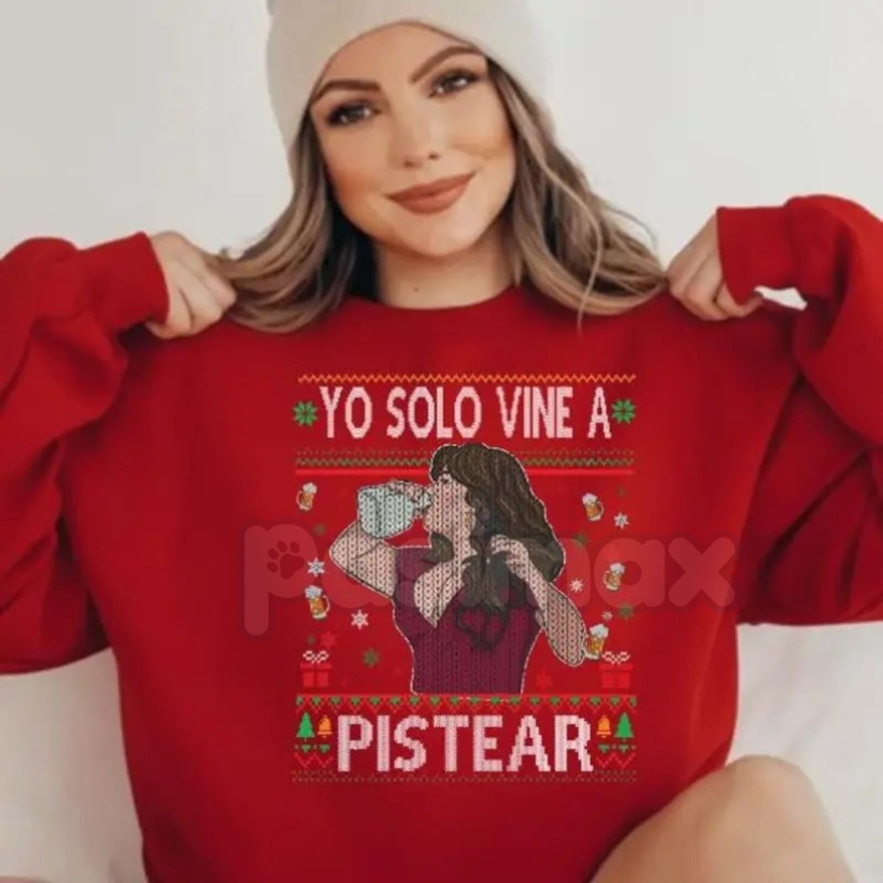 "Yo Solo Vine A Pistear" Ugly Christmas Style Sweatshirt | Spanish Drinking Humor Holiday Party Jumper | Festive Fiesta Top-Pasimax