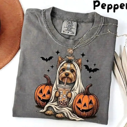 Comfort Colors® Pepper Dog Ghost & Boba Tea Halloween T-Shirt – Custom Dog Breeds Spooky Season Graphic Tee, Vintage Pet Lover Unisex Top