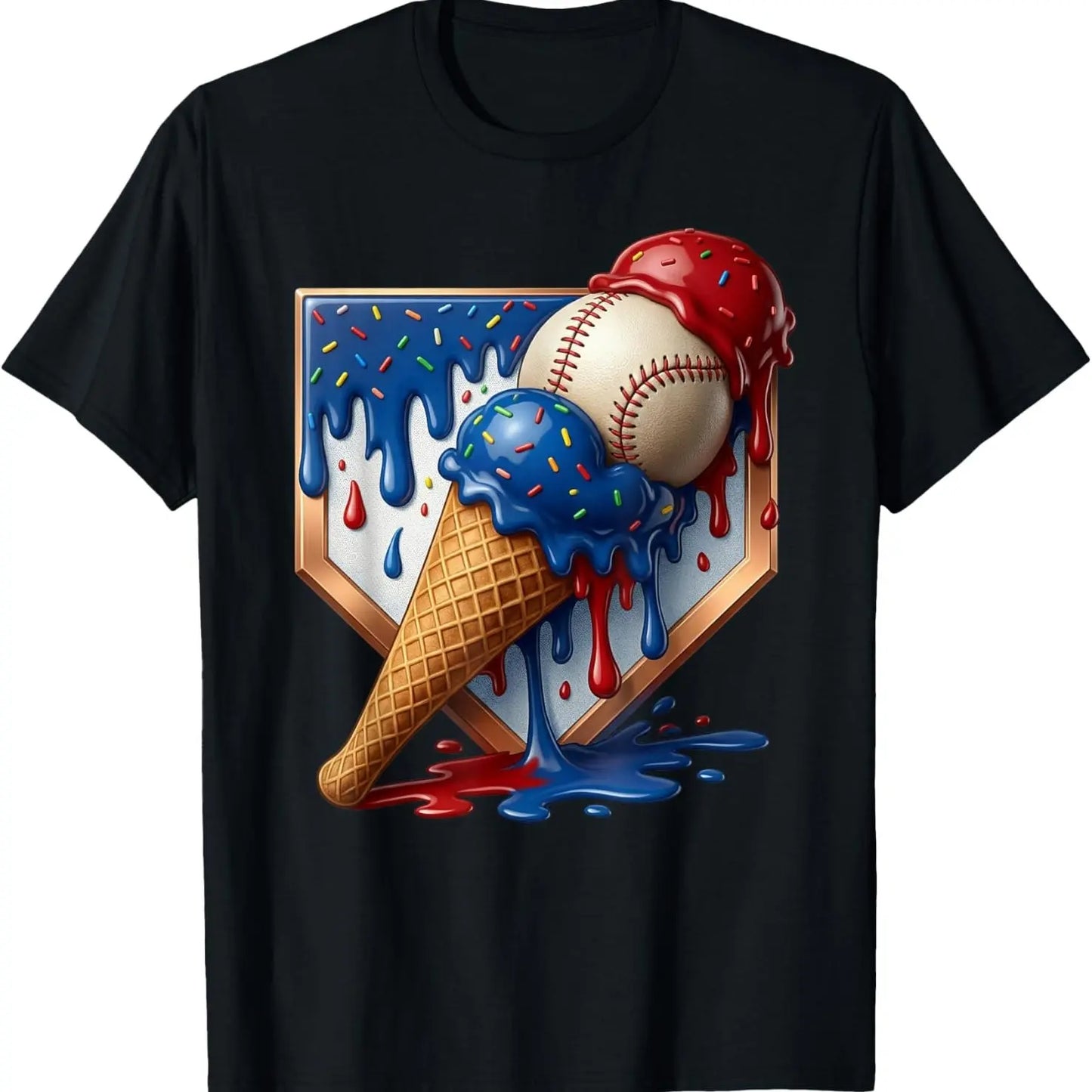 Baseball Drip Patriotic Ice Cream US Flag T-Shirt – Funny 4th of July Sports Graphic Tee