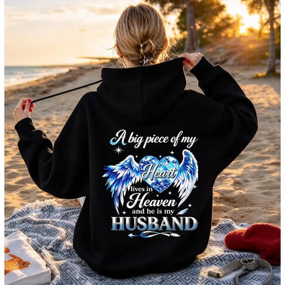 A Big Piece Of My Heart Lives In Heaven Memorial Back Print Hoodie – In Loving Memory Graphic Pullover, Angel Wing Remembrance Sweatshirt, Unisex Heavy Blend