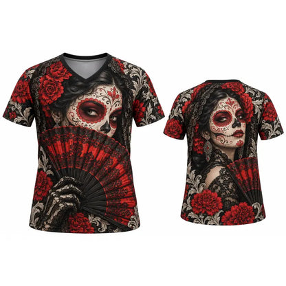 Lady's Mexican Día de los Muertos Skull La Catrina V-Neck Shirt – Day of the Dead Heritage Graphic Tee