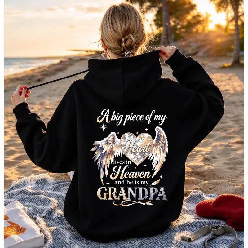 A Big Piece Of My Heart Lives In Heaven Memorial Back Print Hoodie – In Loving Memory Graphic Pullover, Angel Wing Remembrance Sweatshirt, Unisex Heavy Blend