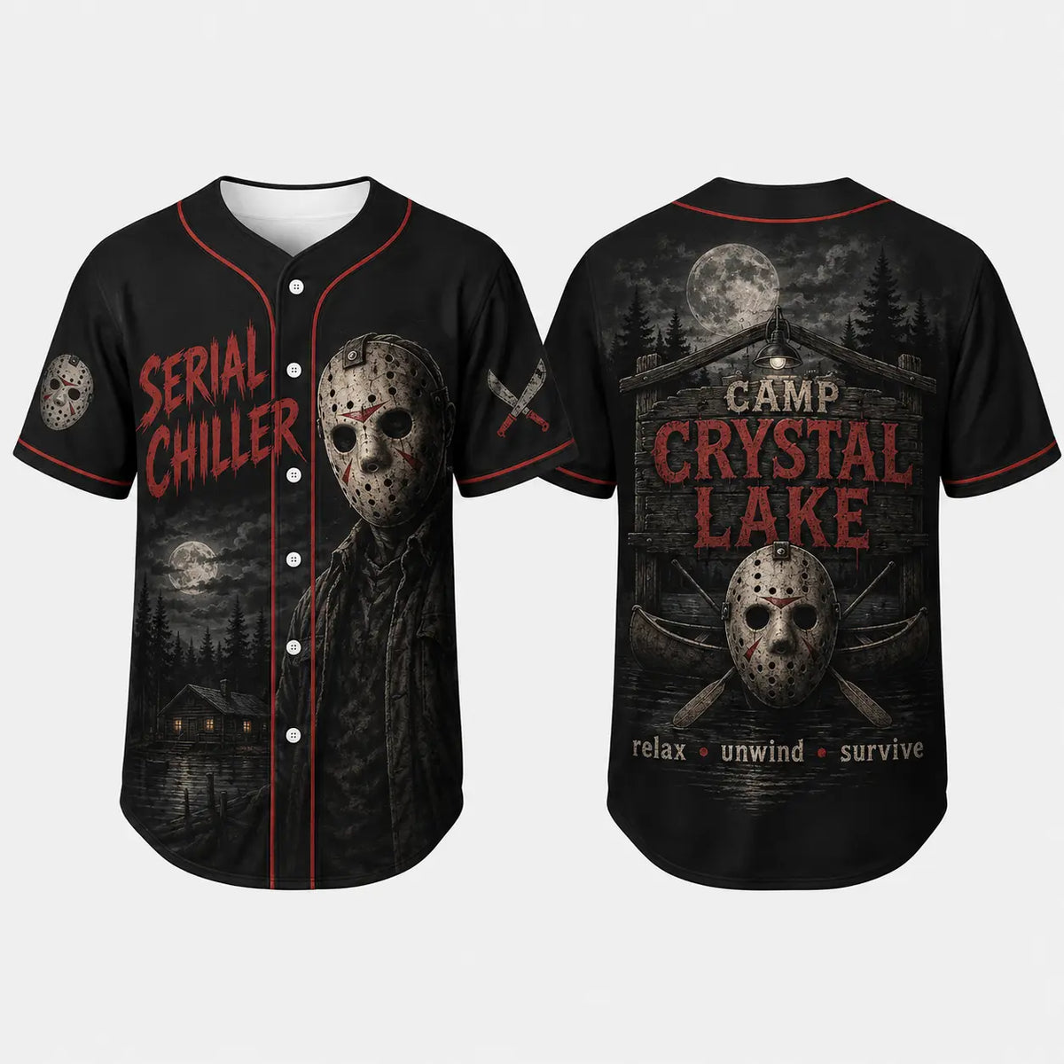 Unisex Horror Graphic Print Baseball Jersey – Slasher Theme Button-Up & Spooky Party Wear