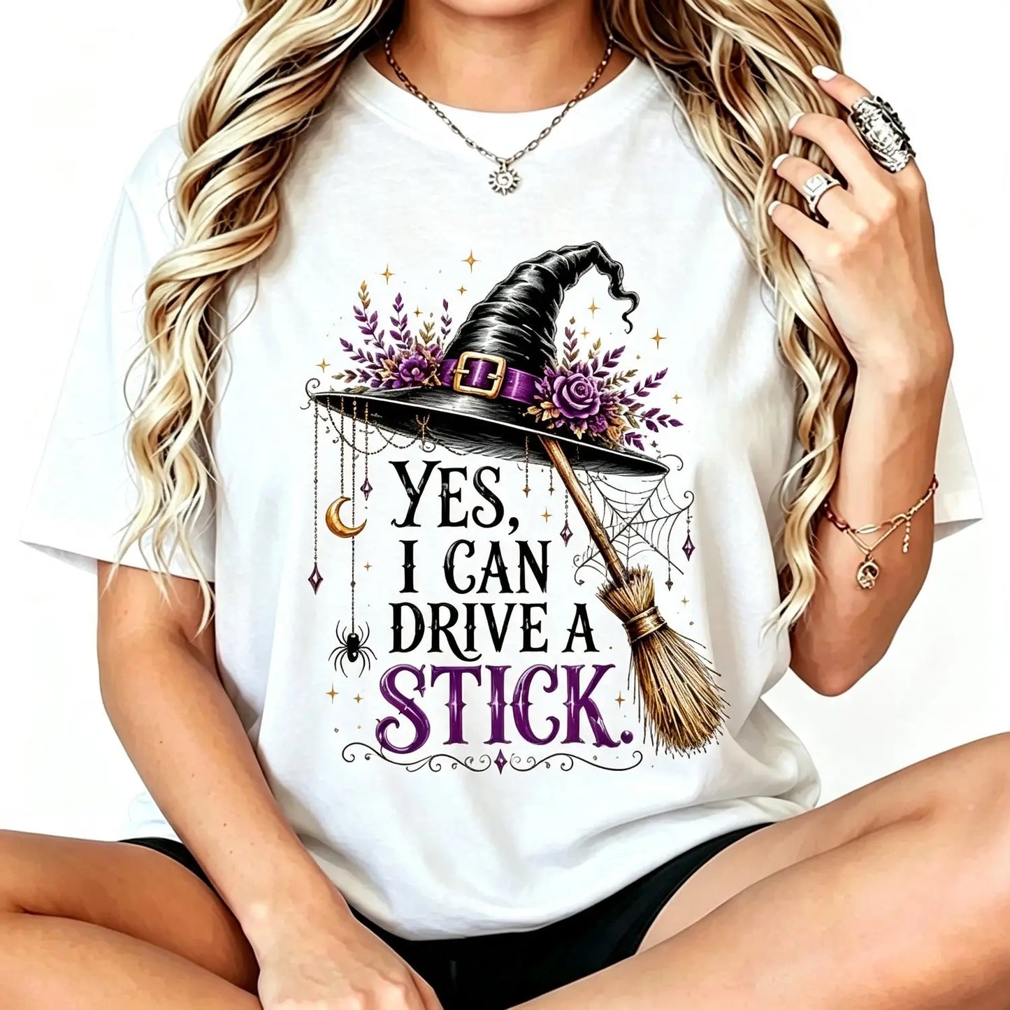 Yes I Can Drive A Stick Witch T-Shirt – Funny Halloween Broomstick Unisex Cotton Tee