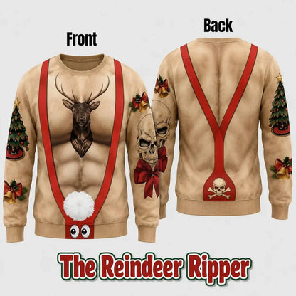 Cheeky Santa Ugly Christmas Sweatshirt, Funny Costume Illusion Crewneck Pullover with Elf and Reindeer Print Knitted Sweater