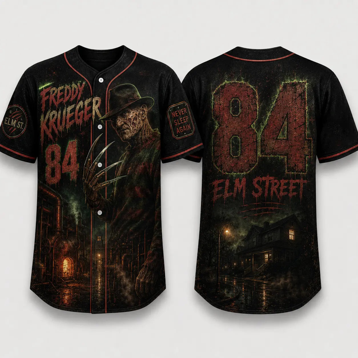 Horror Slasher Baseball Jersey – Gothic Halloween Button Front Shirt & Dark Character Graphic Top