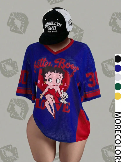 Streetwear Y2K Mesh Top – Vintage Doll Print V-Neck Shirt, Breathable Retro Aesthetic for Women
