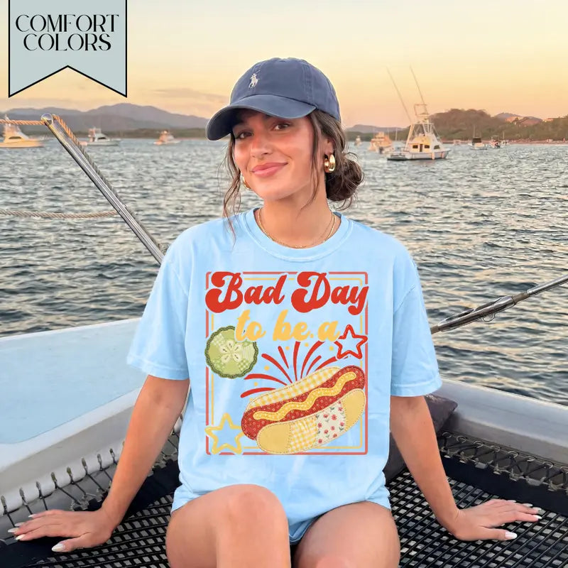 Comfort Colors® "Bad Day To Be A Hot Dog" T-Shirt – Funny 4th of July Summer Tee, Retro Grill Master Glizzy Graphic Independence Day Holiday Top