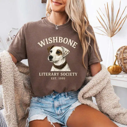 Comfort Colors® "Literary Society" Wishbone Dog T-Shirt – Retro Nostalgic 90s Childhood Bookworm Graphic Tee, Vintage Aesthetic Reader Gift Top