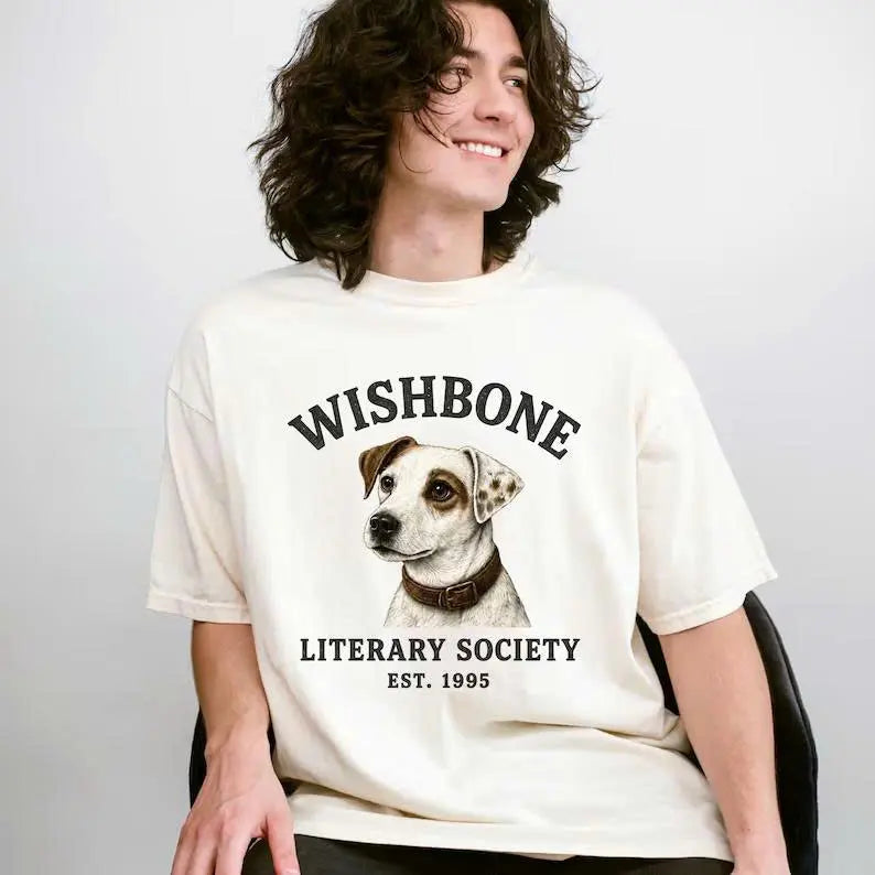 Comfort Colors® "Literary Society" Wishbone Dog T-Shirt – Retro Nostalgic 90s Childhood Bookworm Graphic Tee, Vintage Aesthetic Reader Gift Top