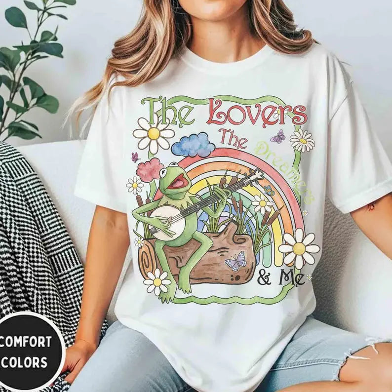 Comfort Colors® Vintage Watercolor Kermit The Frog T-Shirt – Retro Rainbow Muppets Graphic Tee, Cute Aesthetic Pride Sunshine Top, Magic Nostalgia Gift