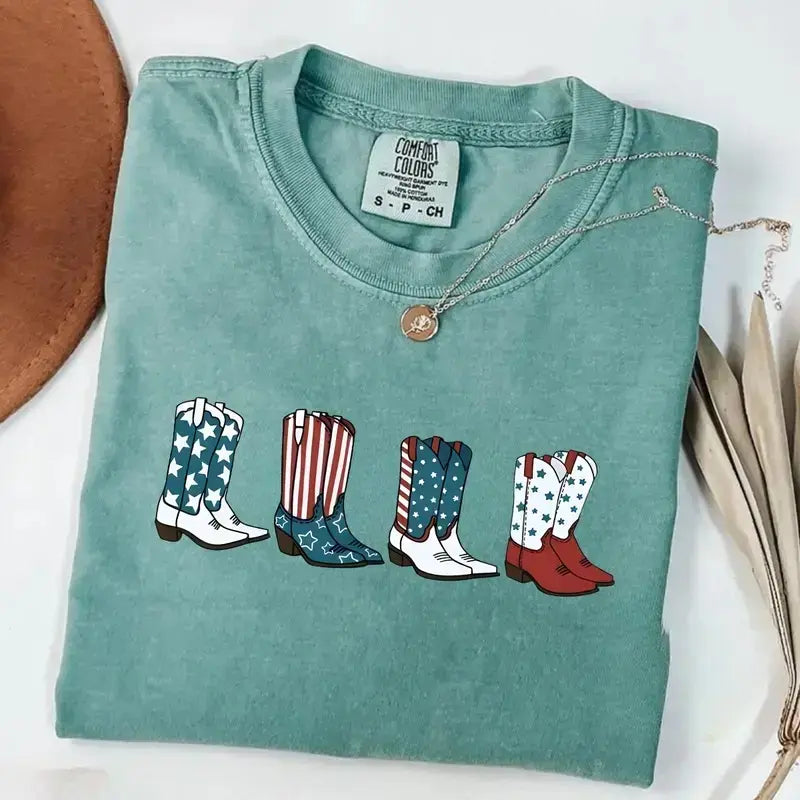 Comfort Colors® Patriotic Cowboy Boots T-Shirt – Fourth of July Western Graphic Tee, Retro Americana Cowgirl Shirt, Cute USA America Top
