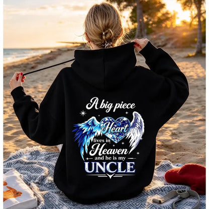 A Big Piece Of My Heart Lives In Heaven Memorial Back Print Hoodie – In Loving Memory Graphic Pullover, Angel Wing Remembrance Sweatshirt, Unisex Heavy Blend