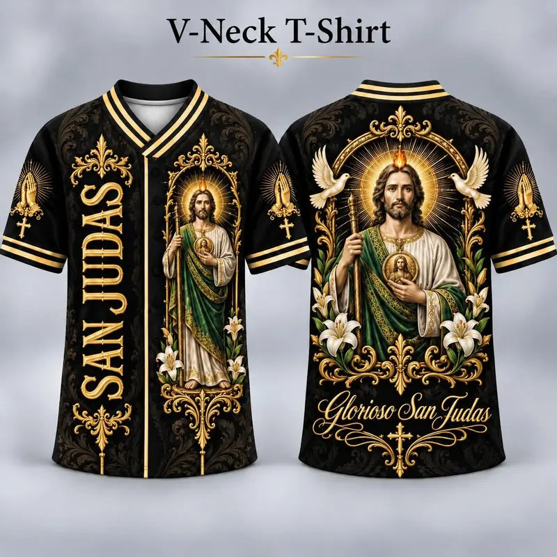 (Pre Order) San Judas Tadeo V-Neck T-Shirt & Baseball Jersey – Religious St. Jude Thaddeus Faith Shirt