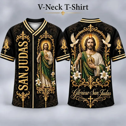 (Pre Order) San Judas Tadeo V-Neck T-Shirt & Baseball Jersey – Religious St. Jude Thaddeus Faith Shirt