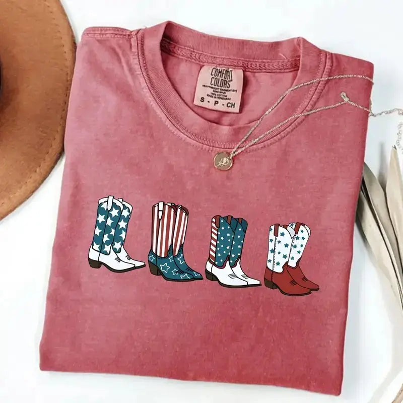 Comfort Colors® Patriotic Cowboy Boots T-Shirt – Fourth of July Western Graphic Tee, Retro Americana Cowgirl Shirt, Cute USA America Top