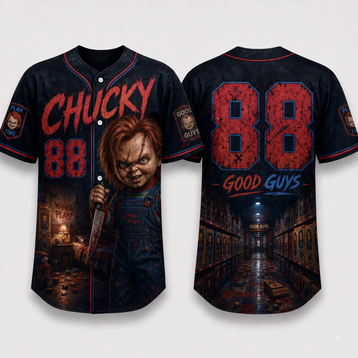Horror Slasher Baseball Jersey – Gothic Halloween Button Front Shirt & Dark Character Graphic Top