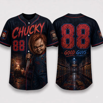 Horror Slasher Baseball Jersey – Gothic Halloween Button Front Shirt & Dark Character Graphic Top
