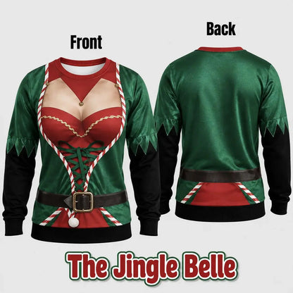 Cheeky Santa Ugly Christmas Sweatshirt, Funny Costume Illusion Crewneck Pullover with Elf and Reindeer Print Knitted Sweater