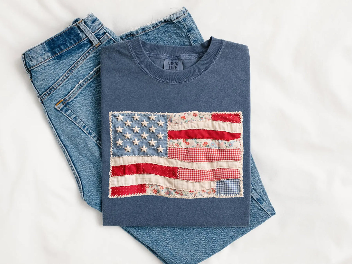 Comfort Colors® Retro American Flag T-Shirt – Faux Patchwork USA Graphic Tee, Vintage Patriotic 4th of July Shirt, Aesthetic Independence Day Top