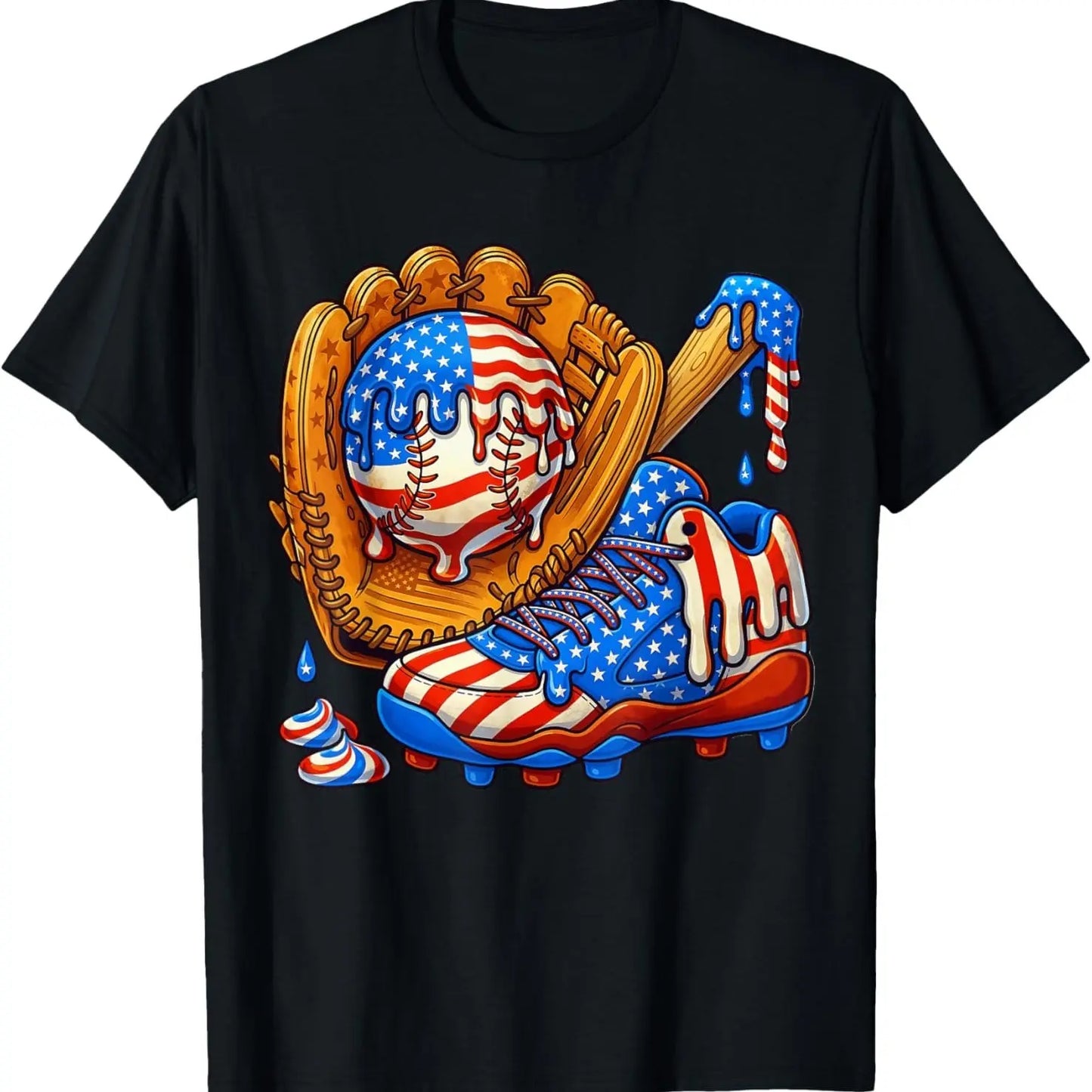 Baseball Drip Patriotic Ice Cream US Flag T-Shirt – Funny 4th of July Sports Graphic Tee