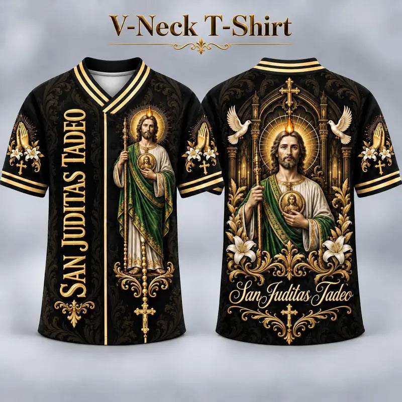 (Pre Order) San Judas Tadeo V-Neck T-Shirt & Baseball Jersey – Religious St. Jude Thaddeus Faith Shirt